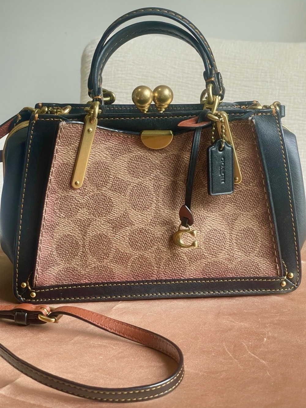 Coach 1941 Dreamer 21 Signature Frame Kiss Lock Satchel in Brown and Black